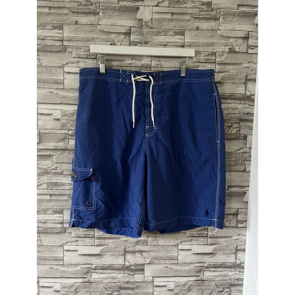 Vintage Mens Ralph Lauren Polo Swim Suit Trunks XL Blue Board Beach Velcro Short